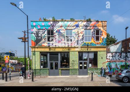 La maison publique Lord Napier Star sur White Post Lane/Hepscott Road, Hackney Wick, Londres. Rouvert et extérieur décoré par des artistes de rue bien connus Banque D'Images