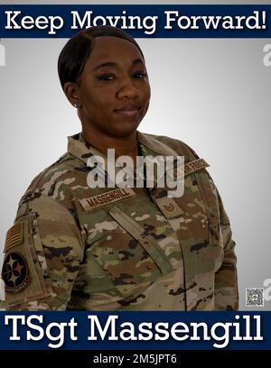 Pennsylvania Air National Guardsman, Tech. Le Sgt Ronnice Massengill, affecté au vol de recrutement, 171st Air ravitailling Wing Wing pose une image avec des graphiques superposés pour un article de fond « Keep Moving Foward ». (É.-U. Illustration de la Garde nationale aérienne par Tech. Sergent Bryan Hoover) Banque D'Images