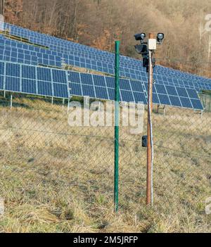 Une centrale solaire photovoltaïque sur le terrain. Panneaux solaires sur la prairie près de la forêt. Concept d'énergie verte Banque D'Images