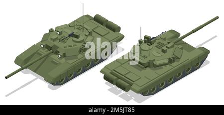 Char de bataille principal isométrique. Le T-90 est un char de combat principal russe de troisième génération. Il utilise un pistolet principal Smoothbore 2A46 de 125 mm. Char militaire russe Illustration de Vecteur
