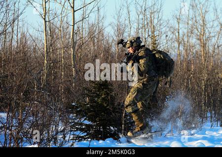 Des soldats du 3rd Bataillon, 21st Régiment d'infanterie, 1st équipe de combat de la Brigade Stryker, 25th Division d'infanterie entrent en contact avec l'ennemi 21 mars 2022, au cours du joint Pacific multinational Readiness Centre 22-02. Cet exercice est conçu pour valider les États-Unis L’entraînement, la préparation et les capacités de l’équipe de combat de la Brigade Stryker 1st de l’Armée Alaska. (Photo de l'armée/John Pennell) Banque D'Images