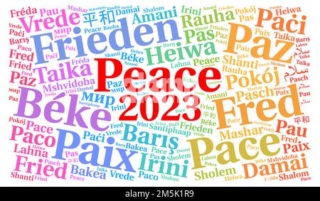 Peace 2023 mots Cloud dans différentes langues Banque D'Images