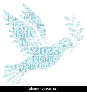 Peace 2023 mots Cloud dans différentes langues Banque D'Images