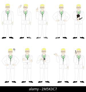 Un ensemble de Caucasiens hommes médecin, chirurgien, dentiste, vétérinaire, fond blanc Banque D'Images