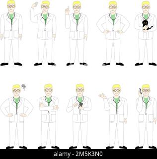 Un ensemble de Caucasiens hommes médecin, chirurgien, dentiste, vétérinaire, fond blanc Banque D'Images