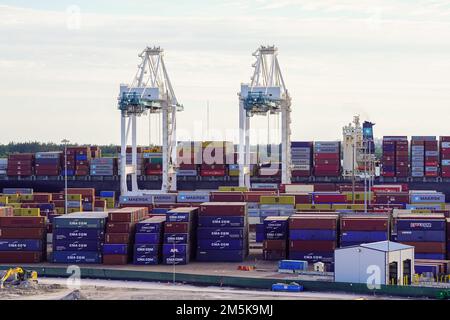 Miami, FL USA - 12 12 2022: Vue impressionnante sur les énormes grues à conteneurs dans le port de Miami Banque D'Images