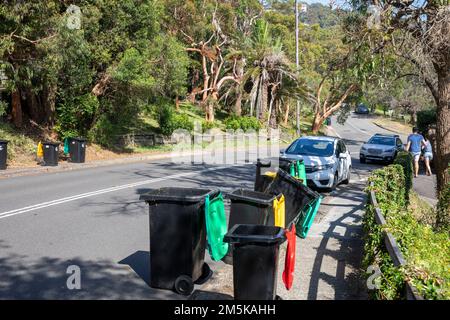 Avalon Beach Sydney council vide les poubelles et les bacs de recyclage domestiques, jaune pour les plastiques et les canettes, vert pour les déchets de jardin et rouge pour les déchets généraux Banque D'Images