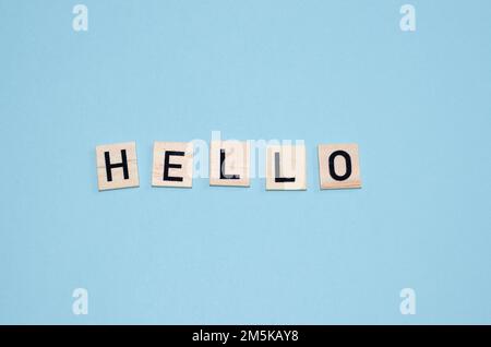 Bonjour salutation ou mot de bienvenue pour accueillir quelqu'un ou initier une conversation. Design avec des lettres découpées dans une bulle de discours en bois sur backgroun bleu Banque D'Images