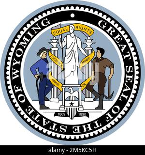 Vue de dessus du Grand Sceau de l'État fédéral américain du Wyoming. Etats-Unis d'Amérique patriote et Voyage concept. Plan, conception Banque D'Images