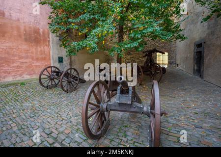 Canons dans la Golden Lane au Château de Prague - Prague, République Tchèque Banque D'Images