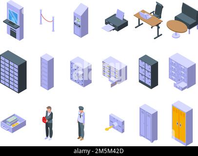 Les icônes de la salle de dépôt définissent un vecteur isométrique. Caisse. Sécurité d'accès Illustration de Vecteur