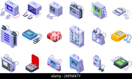 Les icônes de défibrillateur définissent le vecteur isométrique. Aide ambulance. Défibrillateur automatisé externe Illustration de Vecteur