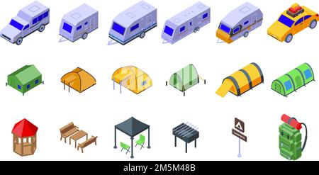 Les icônes de camping définissent le vecteur isométrique. Activité sac à dos. Feu de camp Illustration de Vecteur