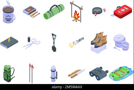 Les icônes d'expédition définissent le vecteur isométrique. Aventure de randonneurs. Alpine extérieur Illustration de Vecteur