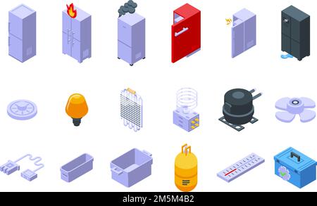 Les icônes de réparation de réfrigérateur définissent un vecteur isométrique. Entretien du réfrigérateur. Porte du refroidisseur Illustration de Vecteur