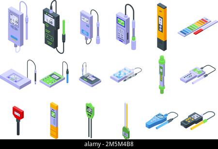 Les icônes du pH-mètre définissent le vecteur isométrique. Acide chimique. Laboratoire de biologie Illustration de Vecteur