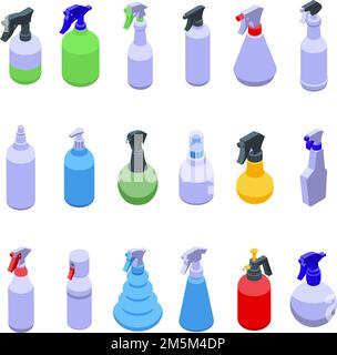 Les icônes de la bouteille de pulvérisation définissent le vecteur isométrique.Nettoyage du pulvérisateur.Aérosol brumisateur Illustration de Vecteur