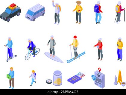 Les icônes de voyage de retraite définissent un vecteur isométrique.Assurance sécurité.Santé vie Illustration de Vecteur