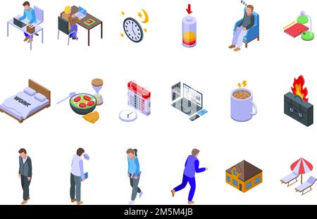 Les icônes de travail tardif définissent le vecteur isométrique. Heure quotidienne. Heure du matin Illustration de Vecteur