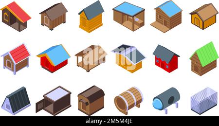 Les icônes de chenil définissent le vecteur isométrique.Nourriture pour animaux.Accessoire Anima Illustration de Vecteur