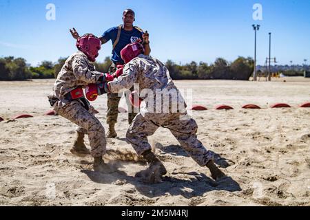 ÉTATS-UNIS Les recrues du corps maritime de la compagnie kilo, 3rd Recruit Training Battalion, se disputent les unes contre les autres lors d'un événement de combat au corps de recrutement du corps marin de dépôt San Diego, 24 mars 2022. Les recrues ont reçu des équipements de protection pour éliminer les risques inutiles pendant la compétition. Banque D'Images