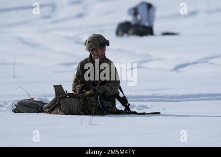 A ÉTATS-UNIS Parachutiste de l'armée affecté à l'équipe de combat de la Brigade d'infanterie 4th (Airborne), 25th Infantry Division (États-Unis) L'armée de l'Alaska recueille son équipement dans la zone de chute de Malemute après avoir effectué des opérations aériennes à la base conjointe Elmendorf-Richardson, Alaska, 24 mars 2022. USARAK organise régulièrement des formations pour renforcer les compétences de préparation à la mission dans un environnement arctique. Banque D'Images