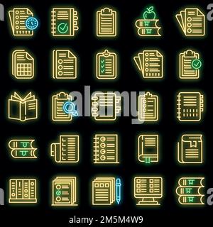 Jeu d'icônes de plan de cours. Ensemble de contours des icônes vectorielles du syllabus de couleur néon sur le noir Illustration de Vecteur