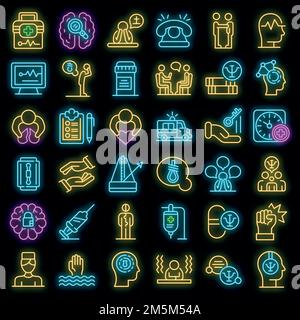 Icônes de soutien à la santé mentale. Ensemble d'icônes vectorielles de santé mentale de soutien de couleur néon sur noir Illustration de Vecteur