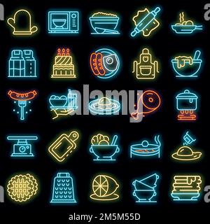 Ensemble de symboles culinaires faits maison. Ensemble de contours d'icônes de vecteur alimentaire maison de couleur néon sur noir Illustration de Vecteur