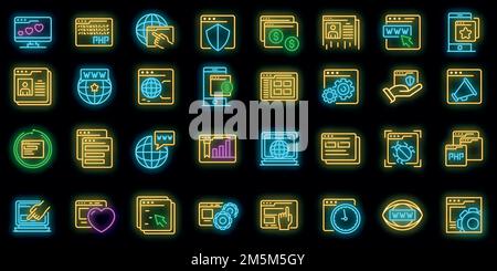 Icônes du navigateur définies. Ensemble de contours d'icônes vectorielles de navigateur couleur néon sur noir Illustration de Vecteur