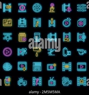 Icônes d'édition vidéo définies. Ensemble de contours d'édition vidéo les icônes vectorielles sont de couleur néon sur le noir Illustration de Vecteur