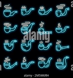 Jeu d'icônes de tuyauterie fumeur. Ensemble de contours d'icônes de vecteurs de fumée de pipe couleur néon sur noir Illustration de Vecteur