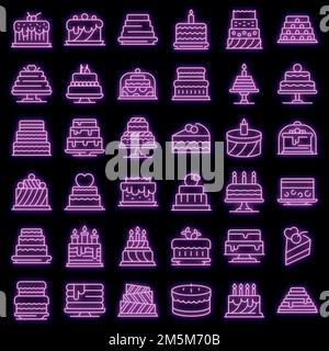 Jeu d'icônes de gâteau. Ensemble de contours d'icônes vectorielles de gâteau couleur néon sur noir Illustration de Vecteur