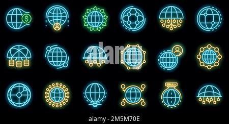 Icônes de réseau global définies. Ensemble de contours d'icônes vectorielles de réseau global couleur néon sur noir Illustration de Vecteur