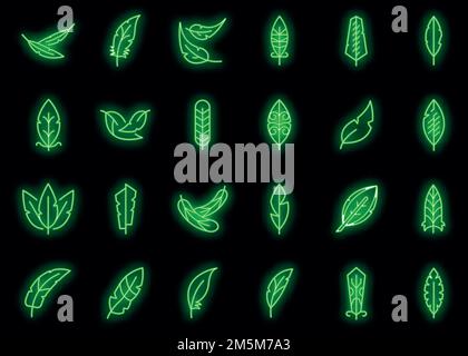 Ensemble d'icônes de plumes. Contour ensemble de plumes icônes vectorielles couleur néon sur noir Illustration de Vecteur