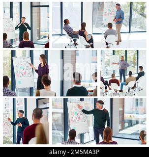 En leur donnant la mise à jour hebdomadaire. Image composite de la réunion des hommes d'affaires dans la salle de réunion. Banque D'Images