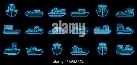 Icônes de ferry définies. Ensemble de contours d'icônes de vecteur de ferry couleur néon sur noir Illustration de Vecteur