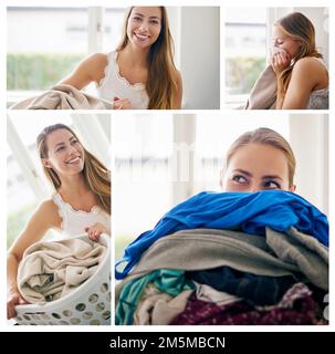 Il n'y a pas de meilleure odeur que le linge fraîchement préparé. Image composite d'une jeune femme qui fait du linge à la maison. Banque D'Images