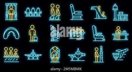Icônes de passagers aériens définies. Ensemble de contours des icônes vectorielles des passagers de la compagnie aérienne couleur néon sur noir Illustration de Vecteur