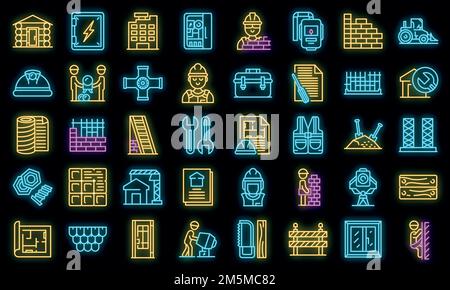 Ensemble d'icônes du constructeur. Ensemble de contours d'icônes vectorielles de constructeur couleur néon sur noir Illustration de Vecteur