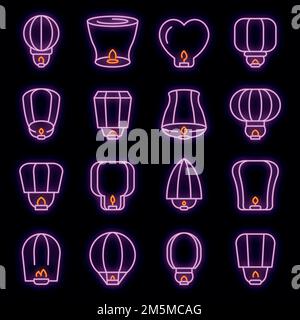 Ensemble d'icônes de lanterne flottante. Ensemble de contours d'icônes vectorielles de lanterne flottante couleur néon sur noir Illustration de Vecteur