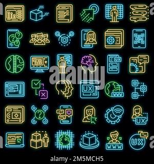 Icônes d'interaction définies. Ensemble de contours d'icônes de vecteur d'interaction couleur néon sur noir Illustration de Vecteur