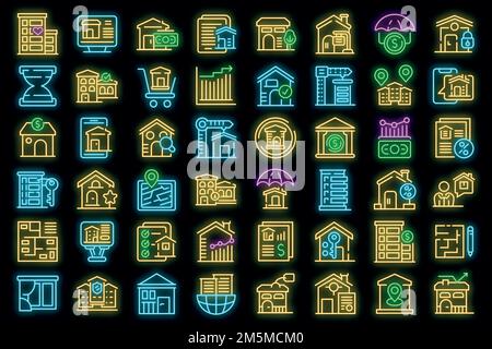 Icônes d'investissement immobilier définies. Ensemble de contours de l'investissement immobilier vecteur icônes couleur néon sur noir Illustration de Vecteur
