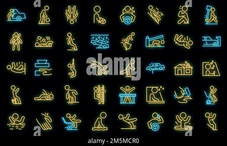 Icônes de personne imprudente définies. Ensemble de contours des icônes vectorielles de personne imprudente couleur néon sur noir Illustration de Vecteur