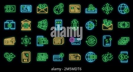 Icônes de transfert d'argent définies. Ensemble de contours des icônes de vecteur d'argent de transfert de couleur néon sur noir Illustration de Vecteur