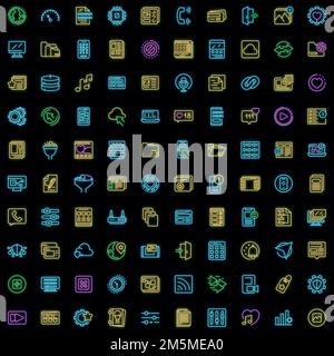 Icônes d'interface définies. Ensemble de contours d'icônes vectorielles d'interface couleur néon sur noir Illustration de Vecteur