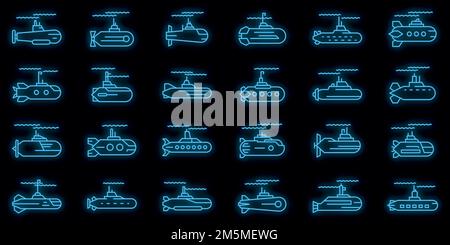 Jeu d'icônes sous-marines. Ensemble de contours d'icônes vectorielles sous-marines couleur néon sur noir Illustration de Vecteur
