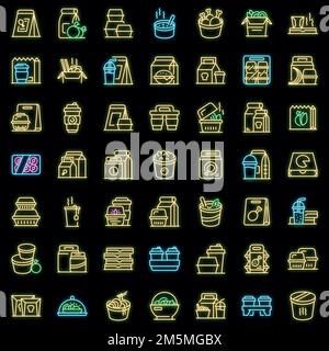 Icône plats à emporter. Contour de l'icône vecteur d'aliments à emporter de couleur néon sur le noir Illustration de Vecteur