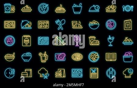 Ensemble d'icônes de déjeuner d'affaires. Ensemble de grandes lignes d'icônes vectorielles de déjeuner d'affaires de couleur néon sur noir Illustration de Vecteur