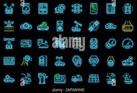 Icônes de voiture autonomes définies. Ensemble de contours d'icônes de vecteur de voiture autonome couleur néon sur noir Illustration de Vecteur